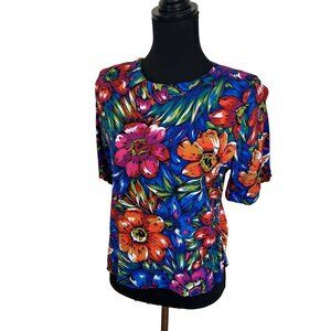 Vtg Floral Short Sleeve Blouse Womens Medium Multicolor 1990s Tropical Floral